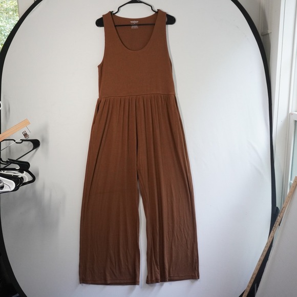 Imbodhi Jumpsuit Women's 1X Brown Ribbed Sleeveless Wide Leg Pockets Casual - Picture 1 of 8